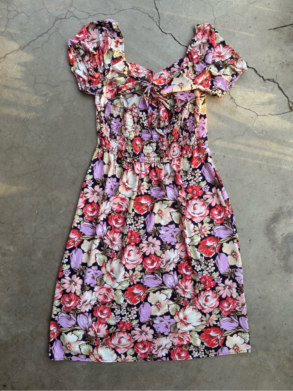 Lily Rose Floral Puff Sleeve Smocked A-Line Dress XL Black Purple Red Cream Tie - Picture 3 of 7